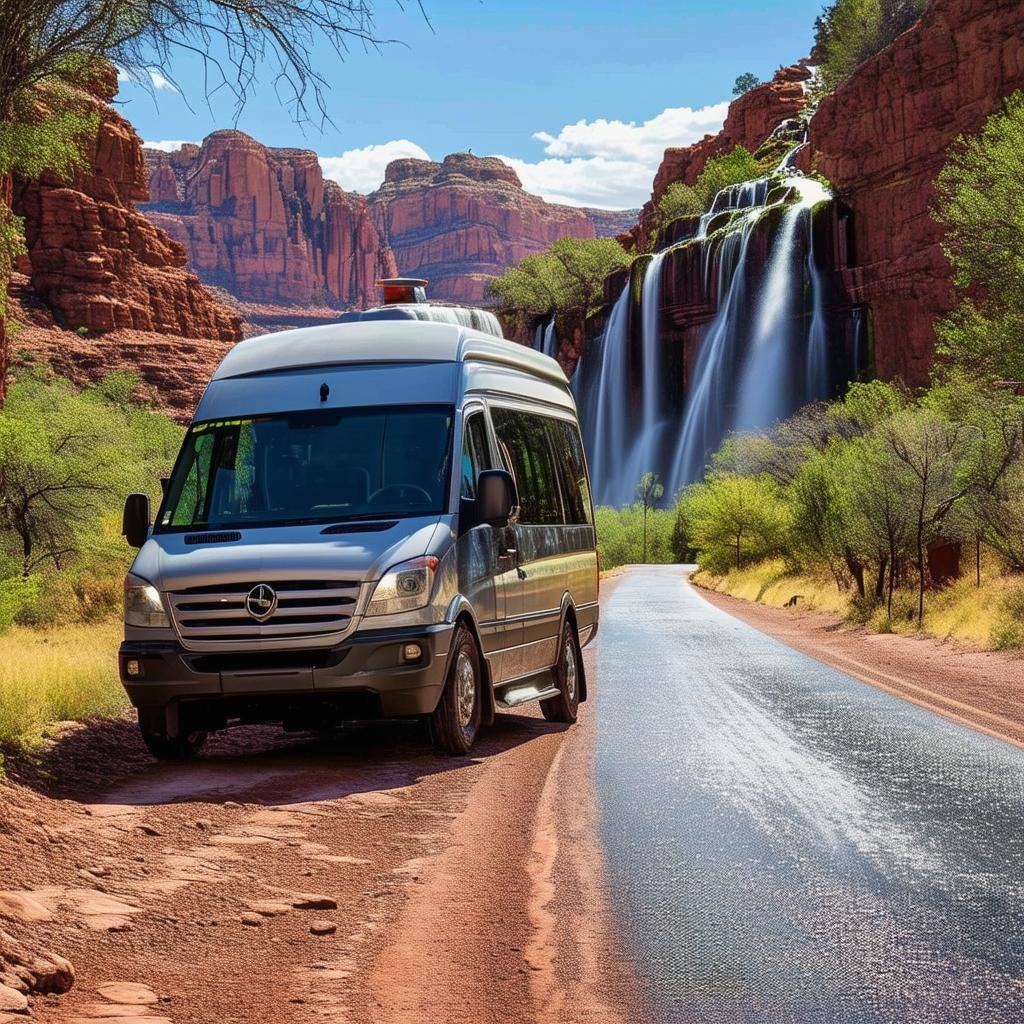 Shuttle van driving near waterfalls in Prescott Arizona
