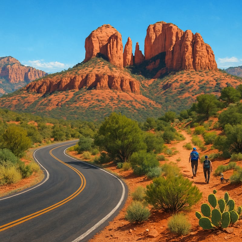 The image depicts a vibrant Arizona landscape showcasing the stunning red rock formations of Sedona under a clear blue sky In the foreground a winding road leads through the high desert flanked by lush green shrubs and sparse cactus plants typical of-1