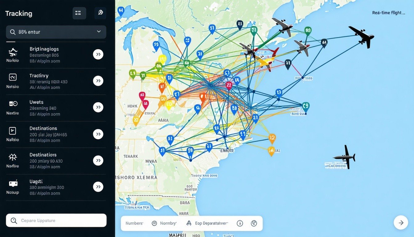 The image displays a sleek, modern user interface for real-time flight tracking. A large map dominates the center, depicting various flight paths with colorful lines connecting airports. Icons representing airplanes are scattered across the map, each labeled with flight numbers. On the left side, a vertical panel lists upcoming flights, showing details such as departure times, destinations, and statuses in bold text. The background features a gradient of blue and white, evoking a sense of the sky. A small section at the bottom includes filters for searching specific flights, with drop-down menus and buttons designed in a minimalist style. Overall, the interface is intuitive and visually appealing, with a focus on clarity and functionality.